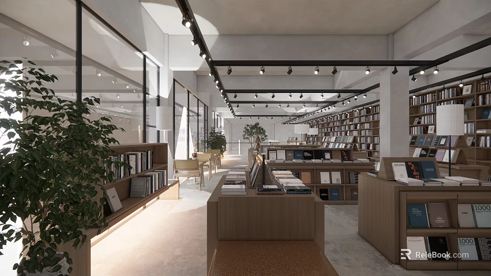 Modern Book Art Gallery Interior With Wooden Shelves Art Books And Natural Light 3d model 