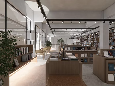 Modern Book Art Gallery Interior With Wooden Shelves Art Books And Natural Light 3d model