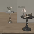 Stylish Side Tables With Checkered And Round Tops Silver And Black Bases Decorative Accents