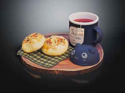 Fresh Buns with Favorite Tea Cup and Cartoon Bear Lid on Wooden Tray Checkered Cloth 3d model