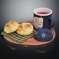 Fresh Buns with Favorite Tea Cup and Cartoon Bear Lid on Wooden Tray Checkered Cloth
