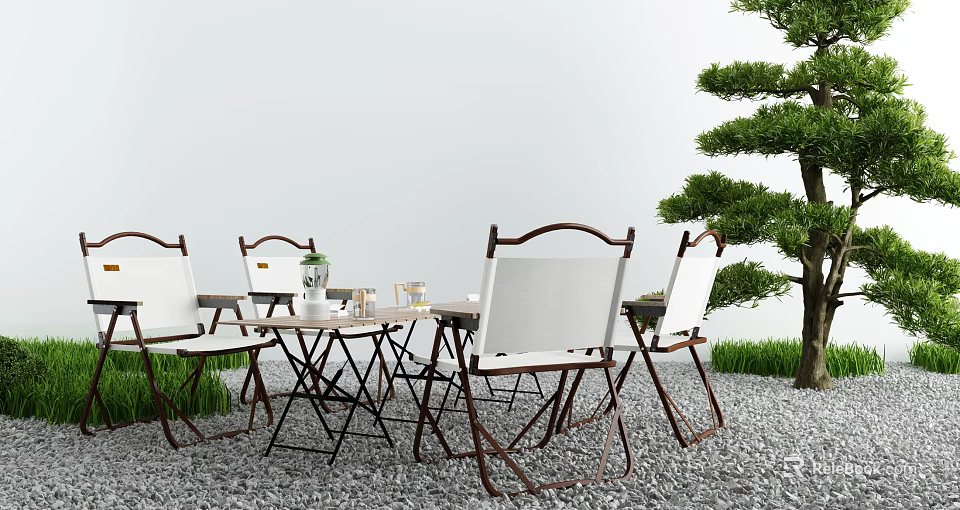 Outdoor Metal Frame Table With White Folding Chairs And Pine Tree On Gravel Ground 3d model 