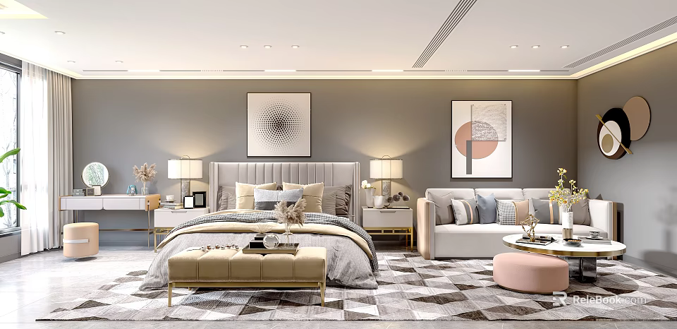 Modern Apartment Bedroom With Bed Artwork Sofa And Rug 3d model