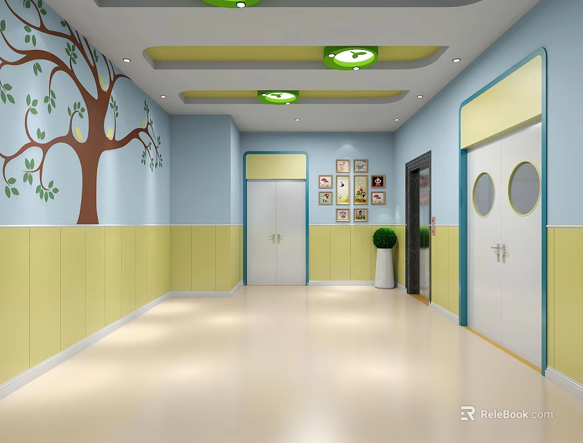 Elevator Corridor With Light Blue Yellow Walls Tree Mural Green Ceiling Lights And Light Floor 3d model
