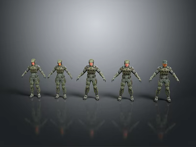 Game Movie Military Characters Action Figures With Different Poses In Military Uniform Against Gray Background 3d model
