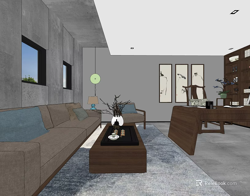 Modern Office Interior Design With Gray Walls Sofa Desk Green Pendant Light And Bookshelf 3d model 