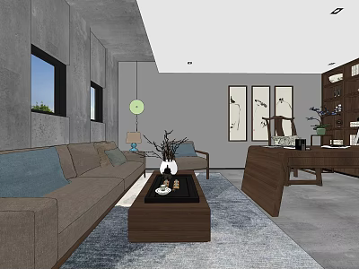 Modern Office Interior Design With Gray Walls Sofa Desk Green Pendant Light And Bookshelf 3d model
