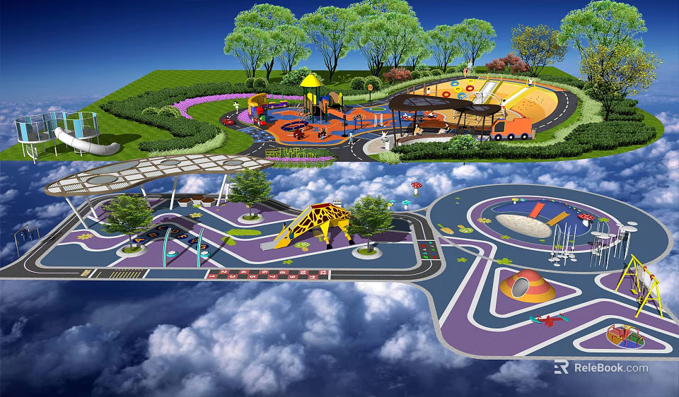Fun Children's Play Area With Slides Swings Climbing Frames Colorful Surfaces And Trees 3d model 