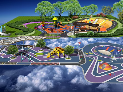 Fun Children's Play Area With Slides Swings Climbing Frames Colorful Surfaces And Trees 3d model