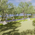 Yellow Decorative Lights Wrapped Around Trees Along Night Scenic Pathway With Greenery And Ground Lights