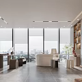 Modern Office Interior Design With Wooden Bookshelves Sofa Desk And Lighting