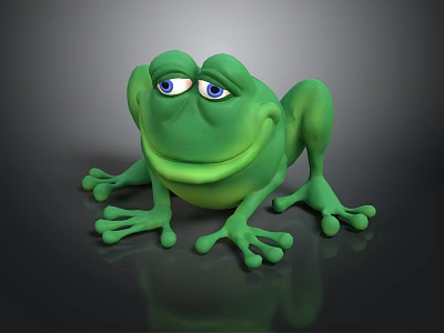 Cartoon Green Frog Character With Smiling Face And Big Blue Eyes On Dark Background 3d model
