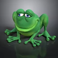 Cartoon Green Frog Character With Smiling Face And Big Blue Eyes On Dark Background