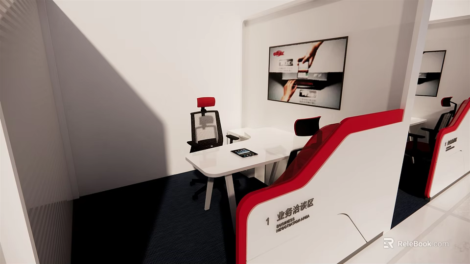 Modern Functional Desk In Display Area With White Surface Black Red Chair And Product Poster 3d model 