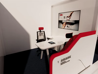 Modern Functional Desk In Display Area With White Surface Black Red Chair And Product Poster 3d model