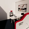 Modern Functional Desk In Display Area With White Surface Black Red Chair And Product Poster