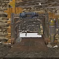 Stone Cave Interior With Wooden Frames Mechanical Devices And Metal Platform