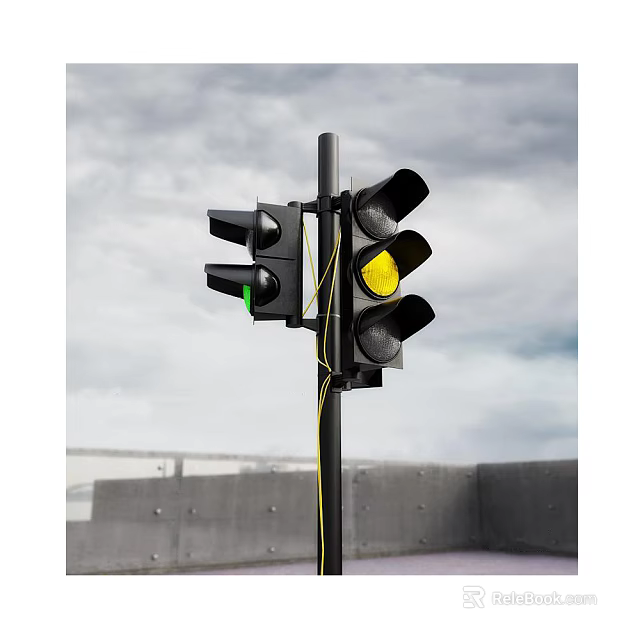 Outdoor Traffic Light with Black Housing Yellow and Green Illuminated Lights in Urban Outdoor Setting 3d model 