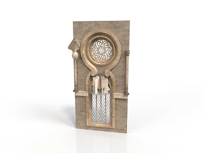 Traditional Architectural Decorative Element Featuring Circular Carved Pattern Arched Design And Stone Grille 3d model