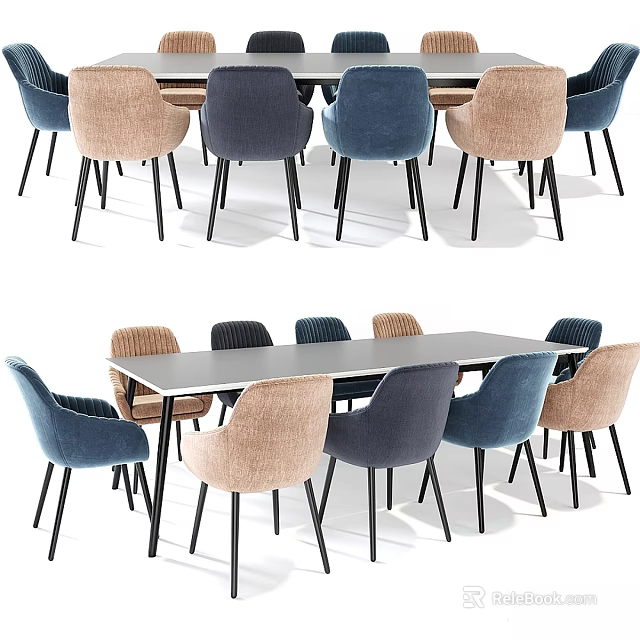 Modern Dining Table With Multicolored Upholstered Chairs Set For Living Area 3d model