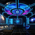Futuristic KTV Lounge With Neon Lights Large Screens And Glowing Ceiling