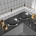 White Tiled Kitchen Golden Trim Black Countertop With Metal Containers Wooden Steamers And Metal Jars