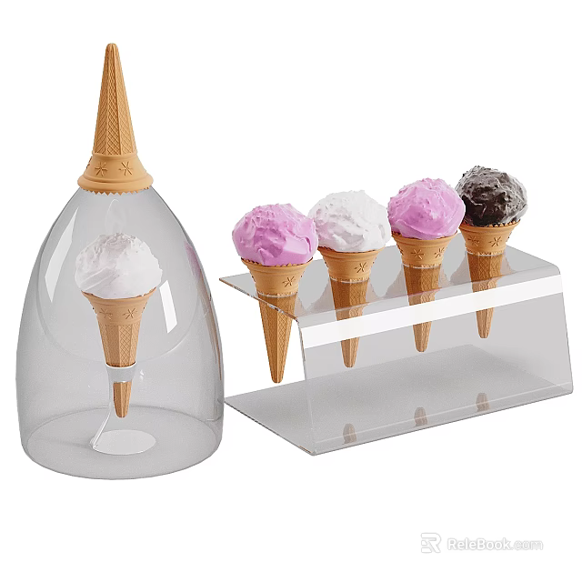 Ice Cream Cones in Various Colors on Transparent Display Stand With Dome 3d model 
