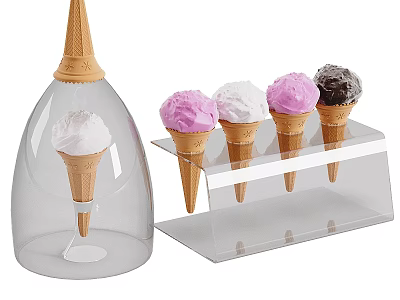 Ice Cream Cones in Various Colors on Transparent Display Stand With Dome 3d model