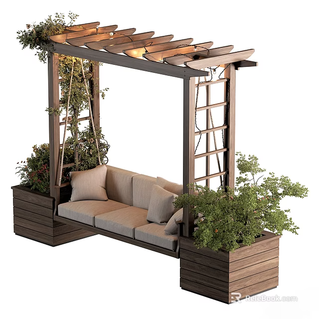 Stylish Hanging Outdoor Sofa With Wooden Pergola Planter Boxes Soft Cushions And Lush Green Plants 3d model 
