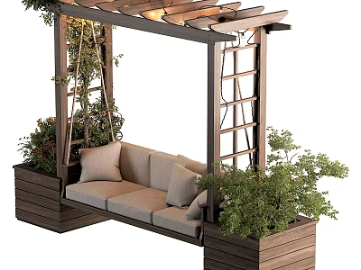 Stylish Hanging Outdoor Sofa With Wooden Pergola Planter Boxes Soft Cushions And Lush Green Plants 3d model