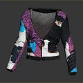 Unique Colorful Cropped Jacket with Mesh Panel and Patchwork Printed Sleeves