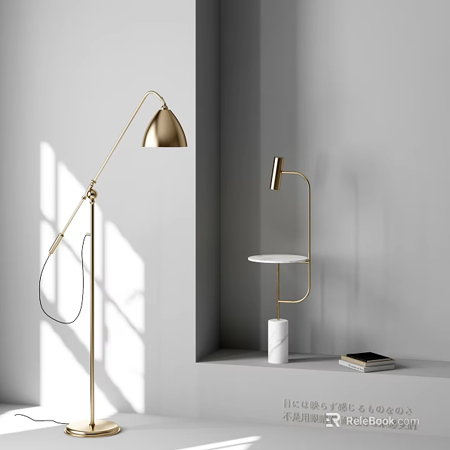 Modern Gold Curved Floor Lamps White Marble Base Tray Table And Sunlight Shadow Indoor 3d model 