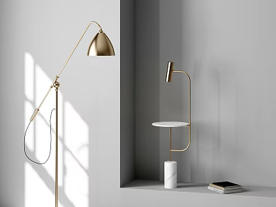Modern Gold Curved Floor Lamps White Marble Base Tray Table And Sunlight Shadow Indoor 3d model