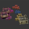 Industrial Storage Setup With Metal Crates Wooden Barrels And Orange Oil Drums