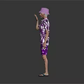 Elderly man wearing purple hat and purple patterned shirt waving hand against gray background