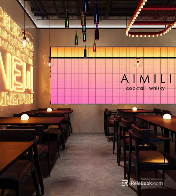 AIMILI Bar Interior With Neon Signs Cocktail Whisky Tables And Modern Lighting 3d model 