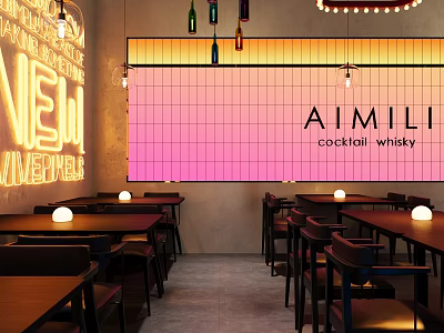 AIMILI Bar Interior With Neon Signs Cocktail Whisky Tables And Modern Lighting 3d model