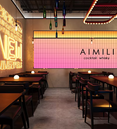 AIMILI Bar Interior With Neon Signs Cocktail Whisky Tables And Modern Lighting 3d model