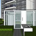 Courtyard Garden Featuring Lush Green Plants White Framed Structures And Stone Paved Pathways