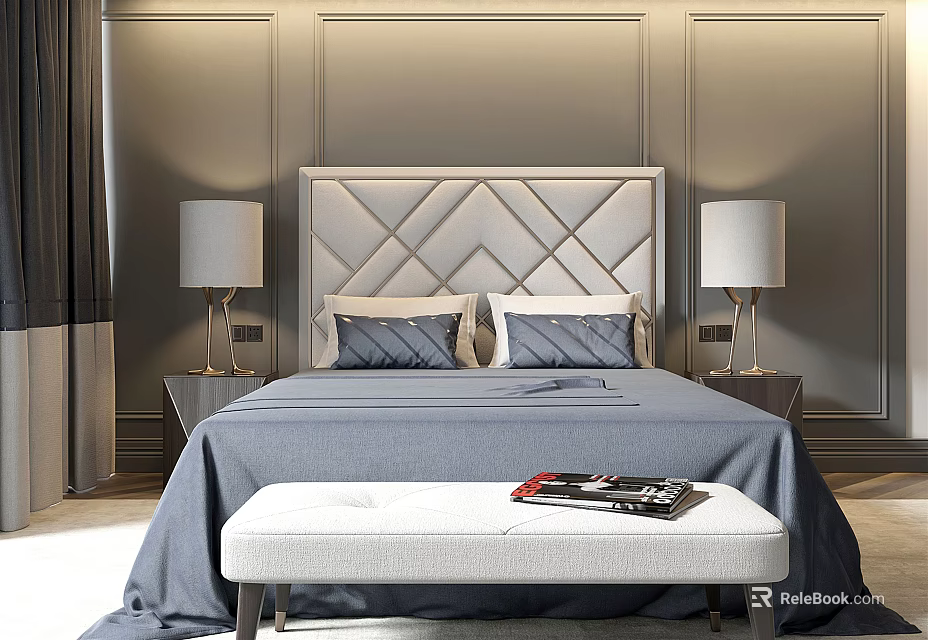 Luxury Double Bed With Diamond Pattern Headboard Blue Bedspread Bedside Tables And Bench 3d model 