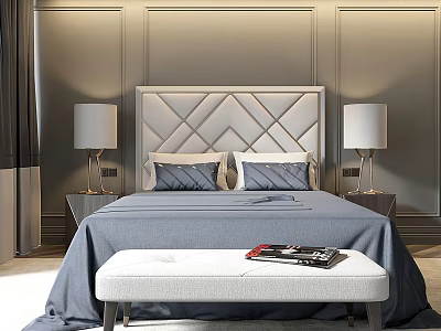 Luxury Double Bed With Diamond Pattern Headboard Blue Bedspread Bedside Tables And Bench 3d model