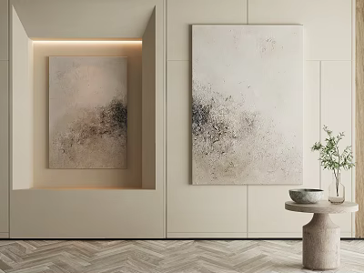 Minimalist Abstract Paintings on Neutral Wall with Side Table Potted Plant and Bowl 3d model