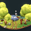 Vibrant Cartoon Scene With Green Trees Blue Car Small Character Grassland And Water Area