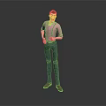3D Male Character Model Wearing Pink Shirt And Blue Suspenders Standing On Gray Background