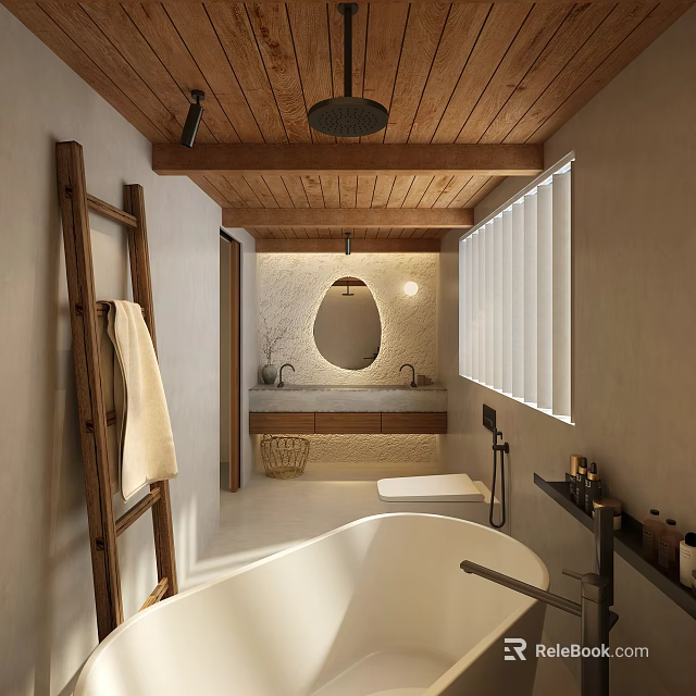 Minimalist Bathroom Interior With Wooden Ceiling Round Mirror Bathtub Vanity Ladder Towel Rack And Window Blinds 3d model 
