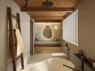 Minimalist Bathroom Interior With Wooden Ceiling Round Mirror Bathtub Vanity Ladder Towel Rack And Window Blinds 3d model