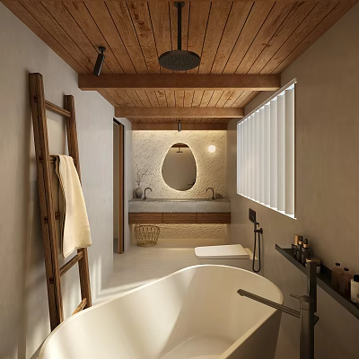 Minimalist Bathroom Interior With Wooden Ceiling Round Mirror Bathtub Vanity Ladder Towel Rack And Window Blinds 3d model