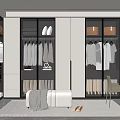 Modern Walk in Closet Interior Design With Glass Doors Cabinets Hanging Clothes Bench And Rug