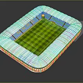 Modern Football Stadium With White Roof Red Stands And Green Grass Pitch
