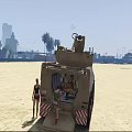 Tan Colored Armored Tank Parked On Beach With Urban Landscape And Palm Trees